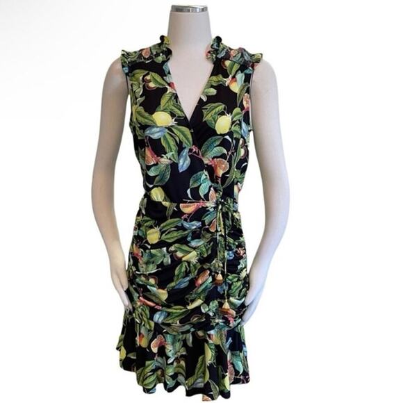 Hale Bob Women's Faux Wrap Ruched Smocked Shoulder Bodycon Mini Dress Tassle Tie - Picture 2 of 12